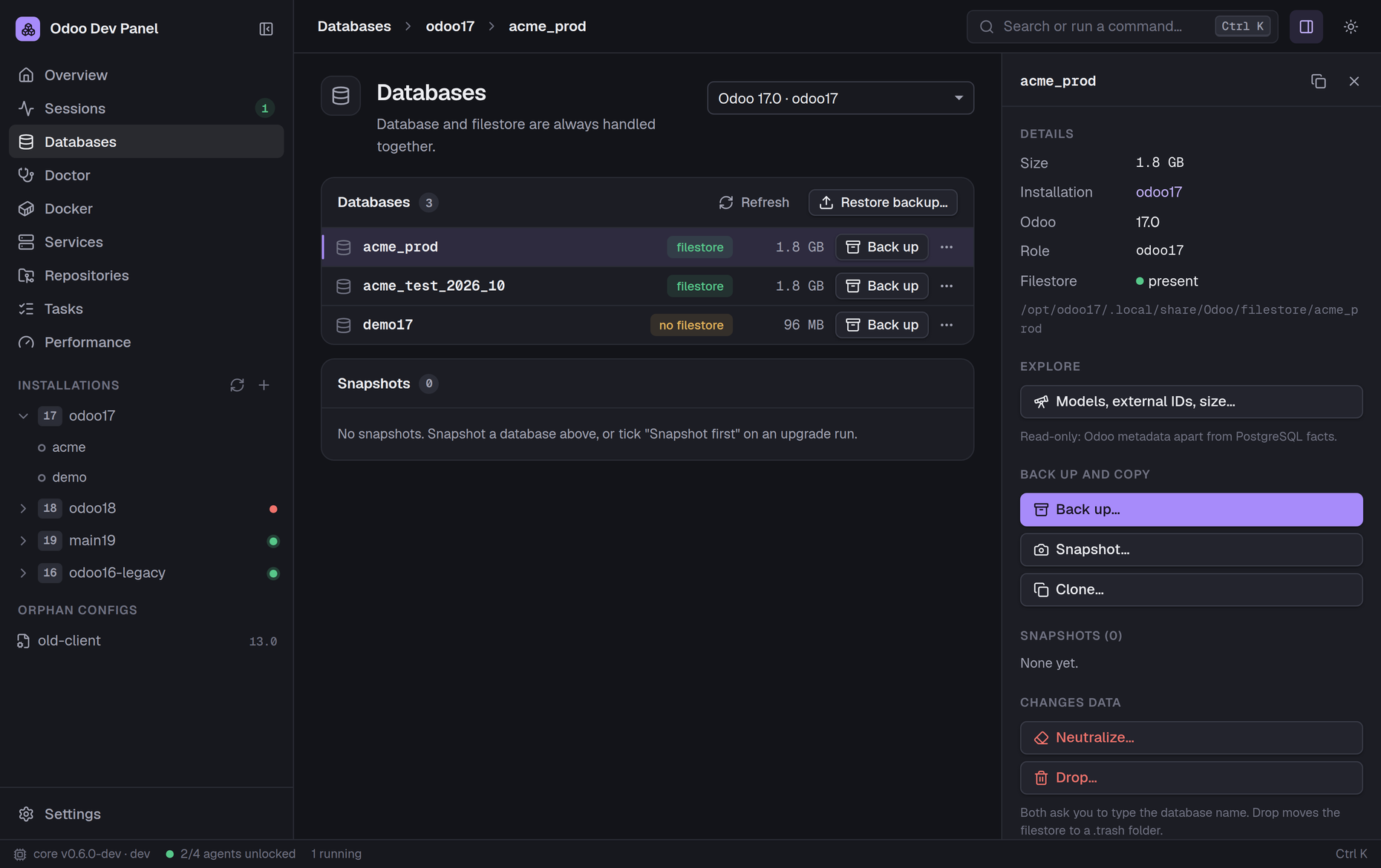 Odoo Dev Panel showing the Databases view: three databases of an Odoo 17 installation with backup, snapshot, clone, neutralize and drop actions